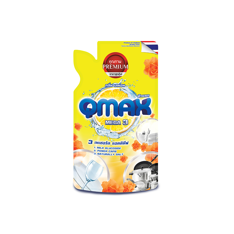 Qmax ผลิตภัณฑ์ล้างจาน สูตรเมก้า 3เนเชอรัล แอดดิทีฟ 450 ML
